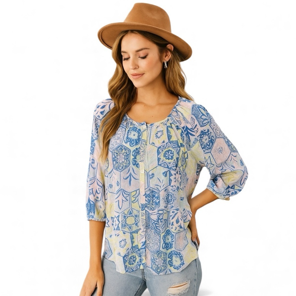 Talbots Blue Multicolor Floral 3/4 Sleeve Coastal Bohemian Peasant Top Size XL